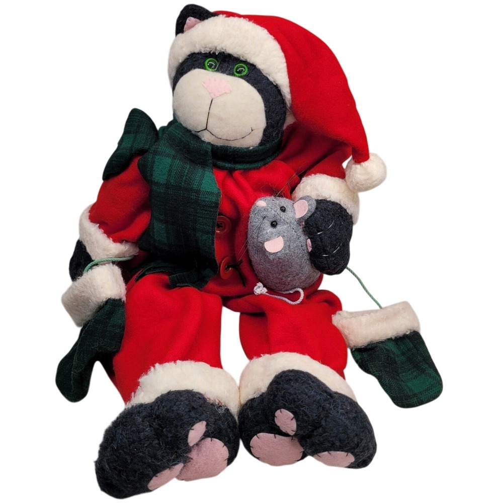 Terrys Village Christmas Santa Cat Plush Red Pjs Plaid Scarf Mouse Weighted